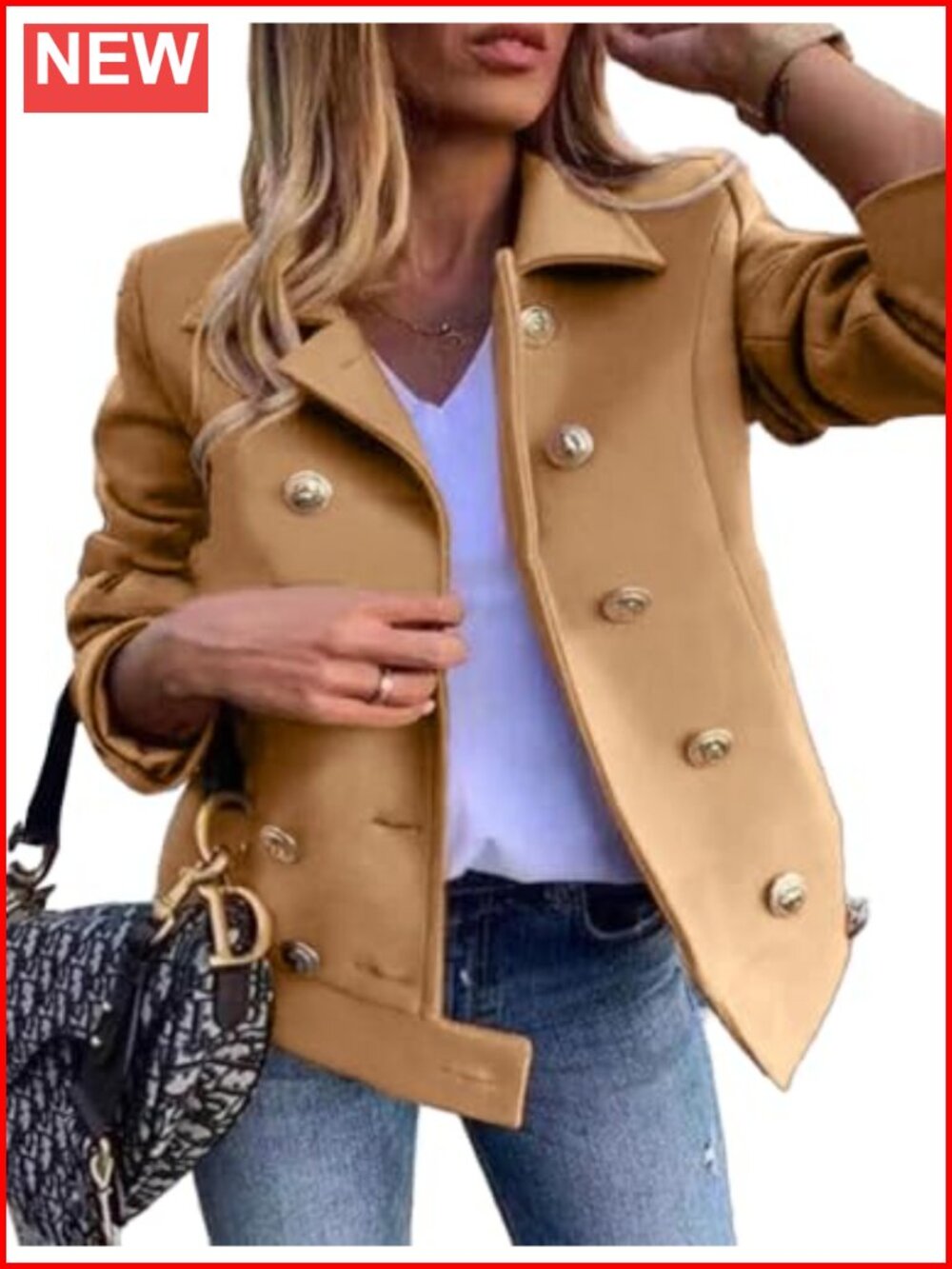 Womens Cropped Wool Blend Peacoat Double Breasted Long Sleeve Jacket